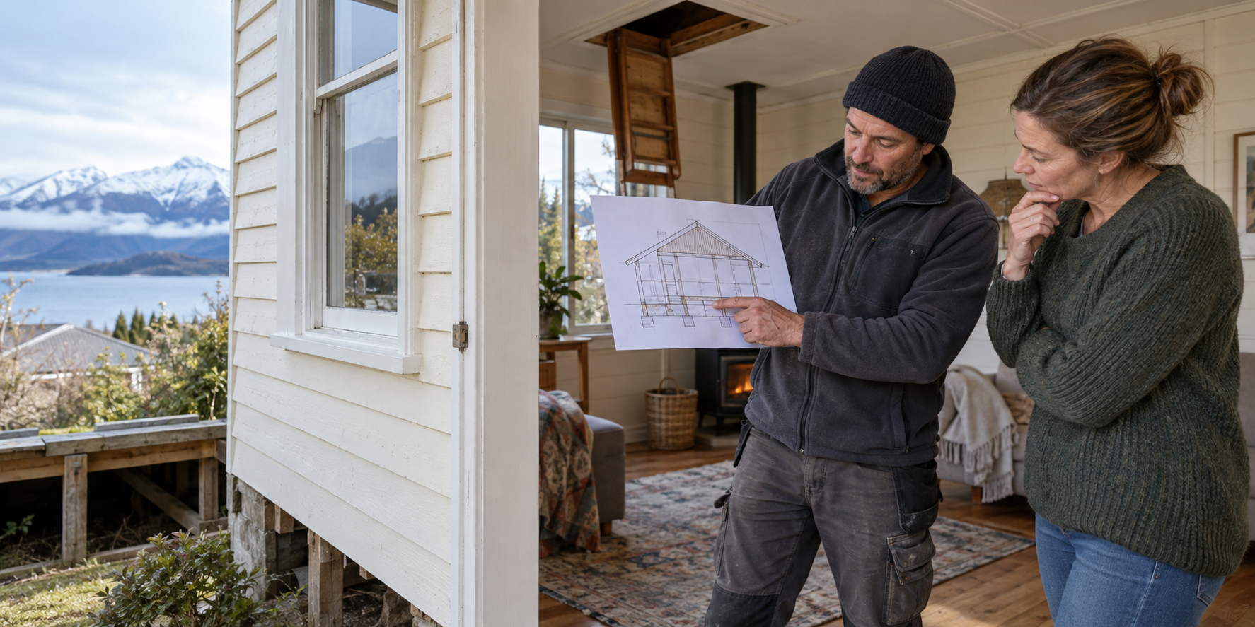 Installer discussing an insulation plan with a homeowner in a South Island timber house
