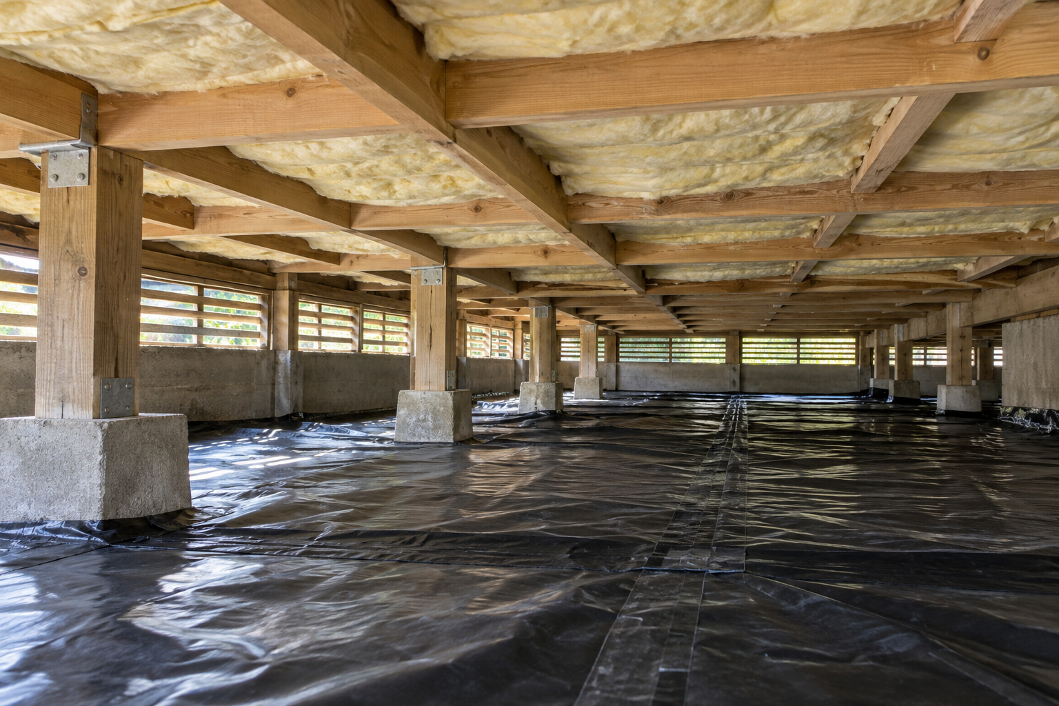 Ground moisture barrier over soil below insulated timber floor joists