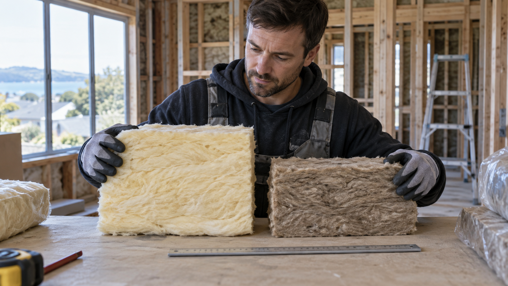 Installer comparing two insulation products of different thickness at a workbench