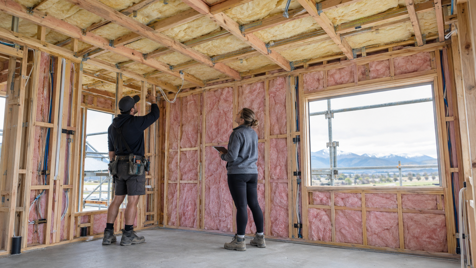 Builders checking ceiling and wall insulation before lining a South Island new build